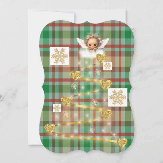 Cartão de Natal Anjo Bebê Dourado Xadrez Plano (Frente)