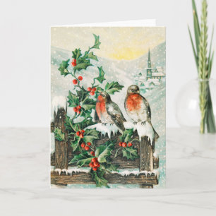 Cartão de Natal Antigo com Piscos, Azevinho e Igre