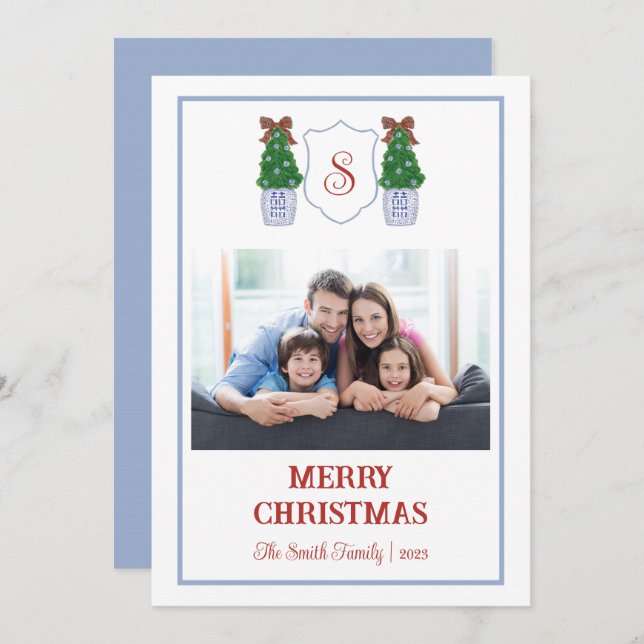 Cartão de Natal Azul e Branco Chinoiserie (Frente/Verso)