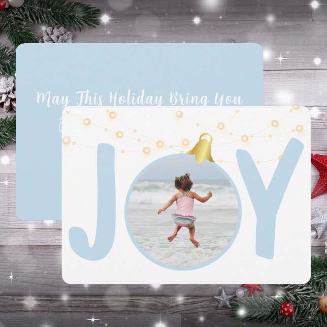 Cartão de Natal Azul Joyl Baby com Foto de Solteir (Joy In Baby Blue Single Photo Christmas Holiday Card)