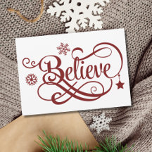 Cartão de Natal Believe Vermelho Flocos de Neve Es