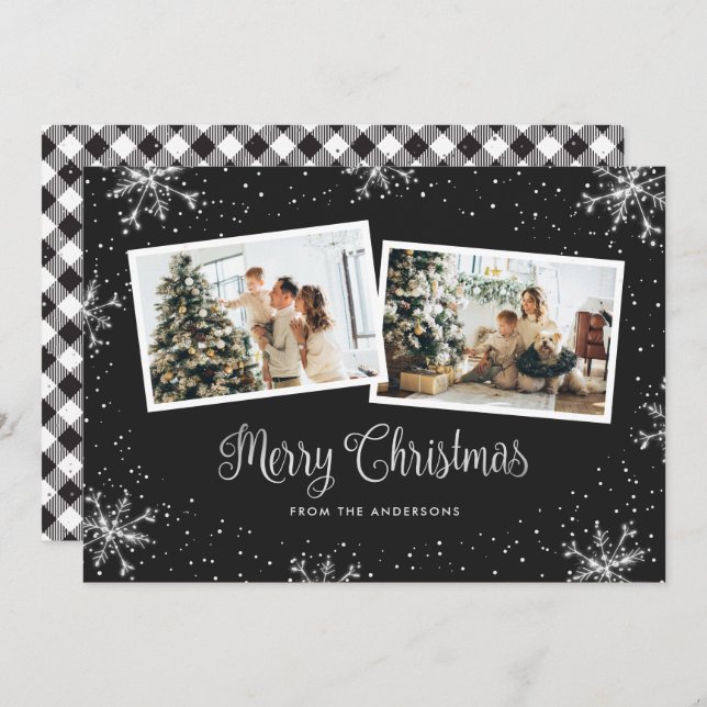 Cartão de Natal Black White Silver Snowflake (Frente/Verso)