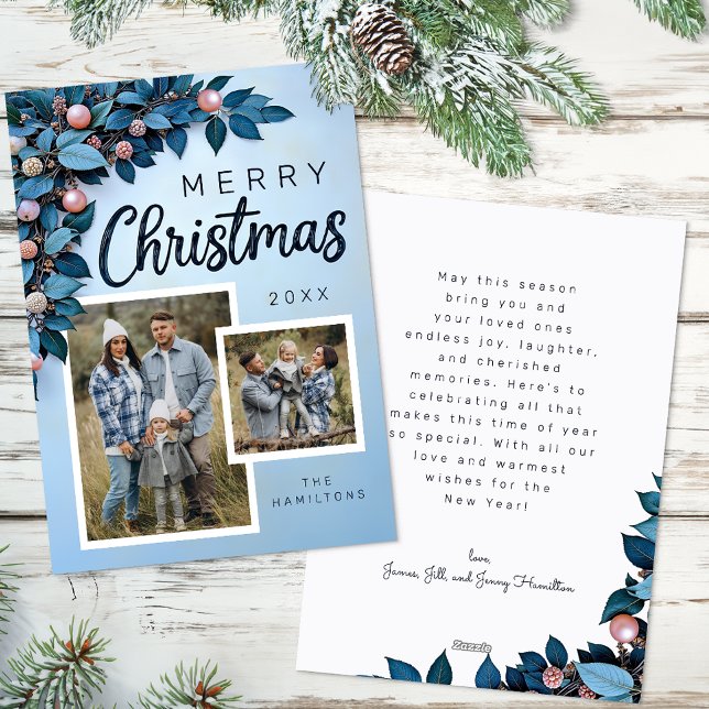 Cartão de Natal Blue Botanical 2 Photo (Blue Christmas Card)