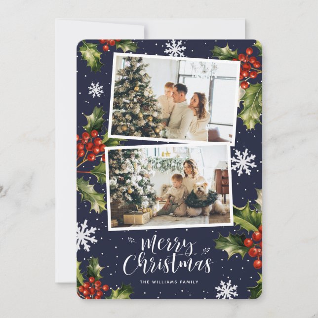 Cartão de Natal Blue Holly Berries Snowflakes (Frente)