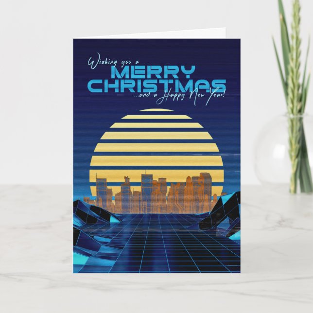 Cartão de Natal Blue Synthwave (Frente)