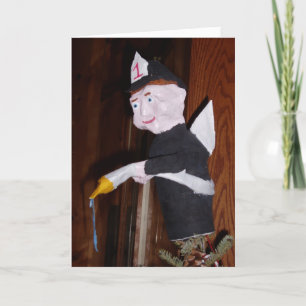 Cartão de Natal "Bombeiro Anjo no Topo da Árvore"