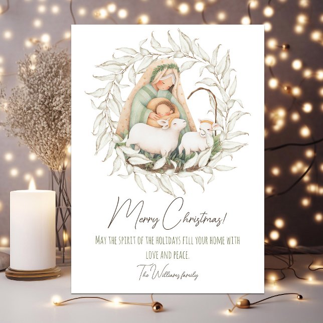 Cartão de Natal bonito com sua foto no verso (Cute pastel Christmas card with baby Jesus and Mary. Your photo on the back side)