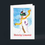 Cartão de Natal Bonito do País de Gales, Snowman e<br><div class="desc">Um Cartão de Natal divertido com Feliz Natal em Welsh e um robin que pousou no chapéu de boneco de neve e está a gostar das bagas sagradas. De uma ilustração esbranquiçada e pintada à mão por Judy Adamson.</div>