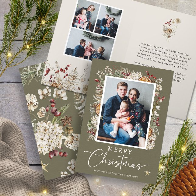 Cartão de Natal Botânico Boho Verde (Sage Green Boho Rustic Botanical Christmas Card by Painted Paperie
)