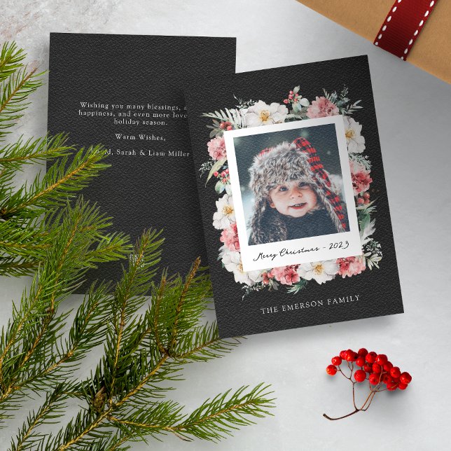 Cartão de Natal Botânico de Foto Preta (Black Merry Christmas Photo Holiday Card with Elegant Watercolor Botanical Florals Berries)