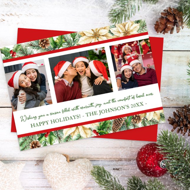 Cartão de Natal Botânico em Aquarela com Três Foto (Three Photo Holiday card)