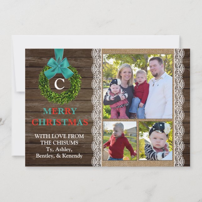Cartão de Natal Boxwood Wreath com 3 Fotos da Famí (Frente)