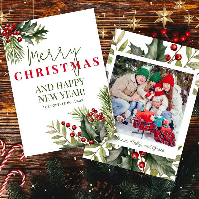 Cartão de Natal Branco Holly Pine Red Berries (Criador carregado)