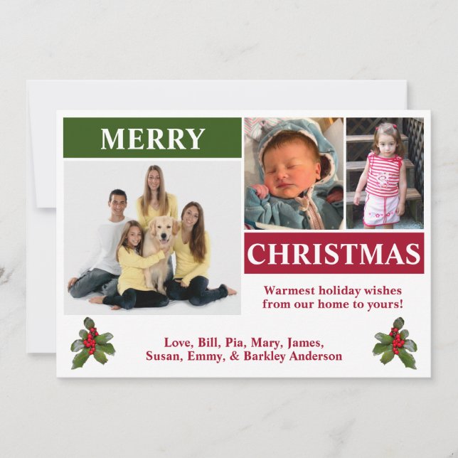 Cartão de Natal Branco, Vermelho e Verde com 3 Fot (Frente)