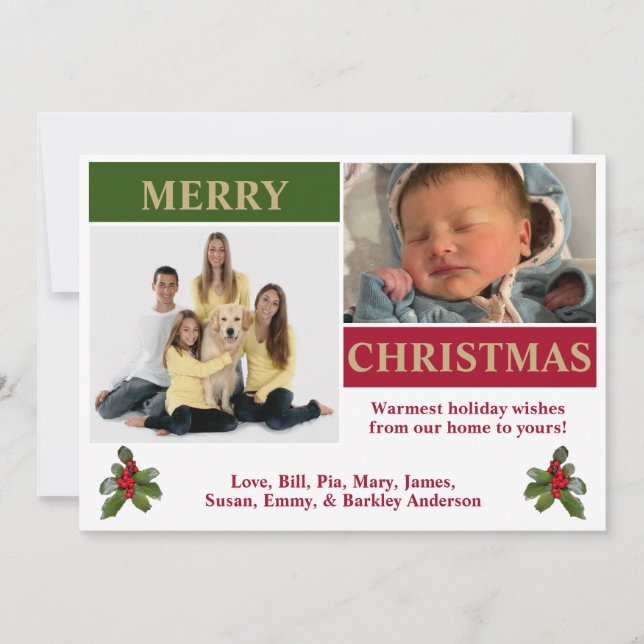 Cartão de Natal branco, vermelho, verde e Dourado  (Frente)