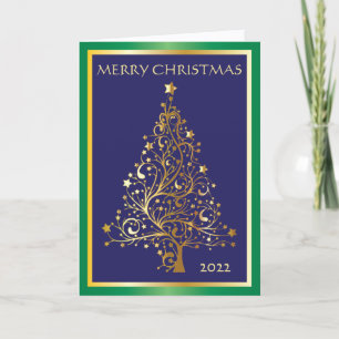 Cartão de Natal Brilhante Azul, Dourado e Verde Do