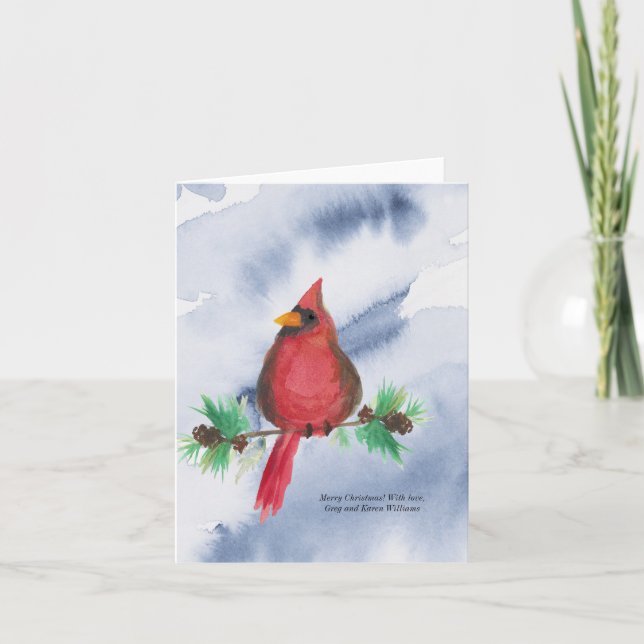 Cartão de Natal Cardinal Vermelho com Aquarela (Frente)