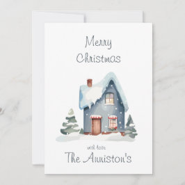 Cartão de Natal Casa Aquarela Azul