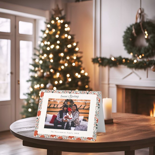 Cartão de Natal Clássico Red Poinsettia (Poinsettia Season Folded Photo Christmas Card white)