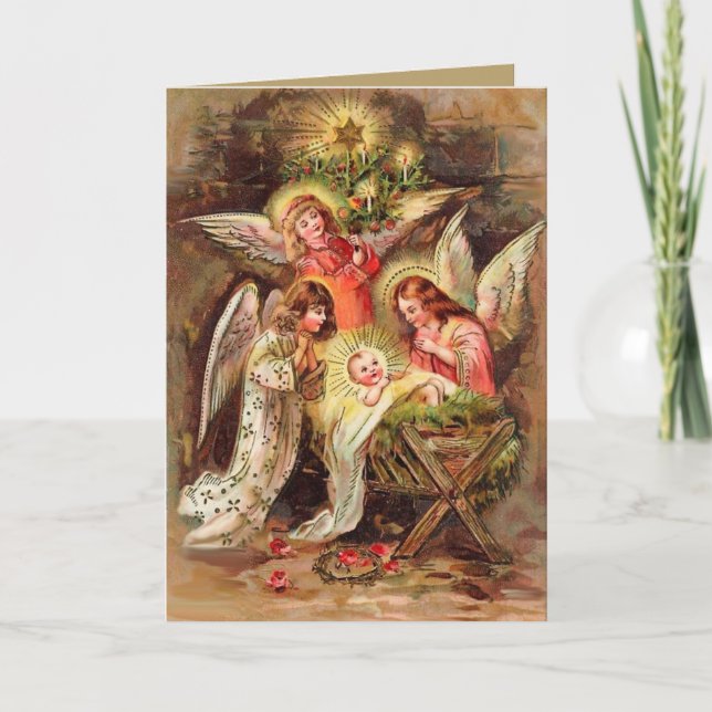 Cartão de Natal com ângulos assistindo Baby Jesus (Frente)