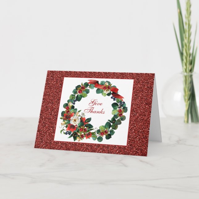 Cartão de Natal com Aquarela de Coroa de Ação de G (Frente)