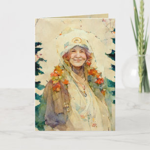 Cartão de Natal com aquarela de inverno de mulher 