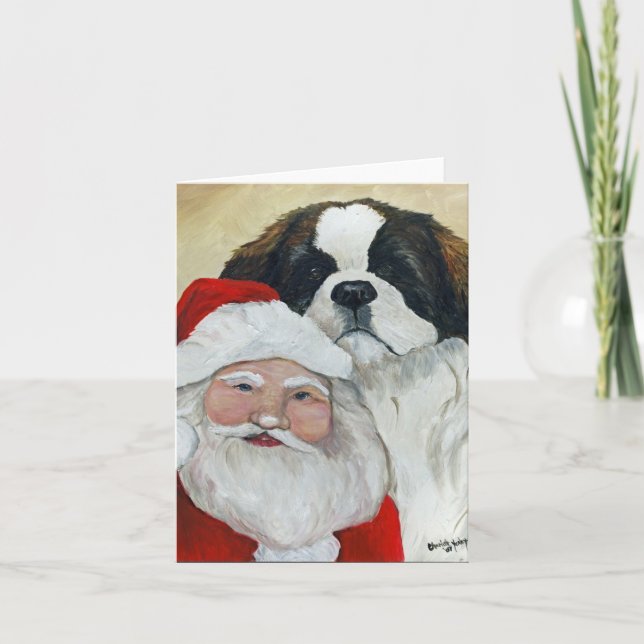 Cartão de Natal com Arte de São Bernardo e Cachorr (Frente)