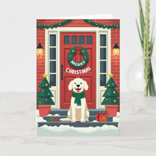 Cartão de Natal com Cachorro Alegre na Porta