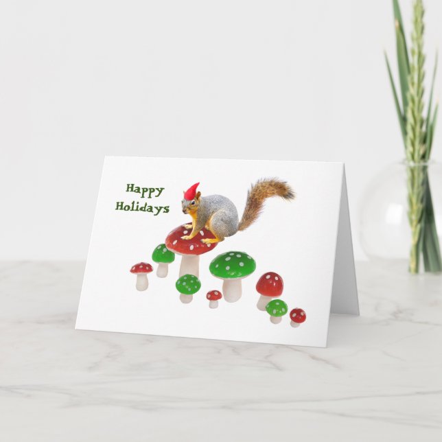 Cartão de Natal com Esquilo e Cogumelos Vermelhos  (Frente)