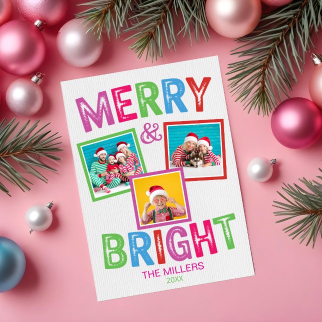 Cartão de Natal com feliz e cor brilhante (Merry and Bright Modern Colorful Photo Collage Christmas Card)