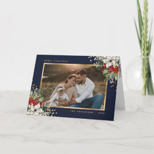 Cartão de Natal com Foto Botânica Azul e Dourado E