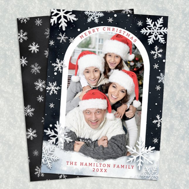 Cartão de Natal com Foto da Família Borda de Floco (Black & White Christmas Card)