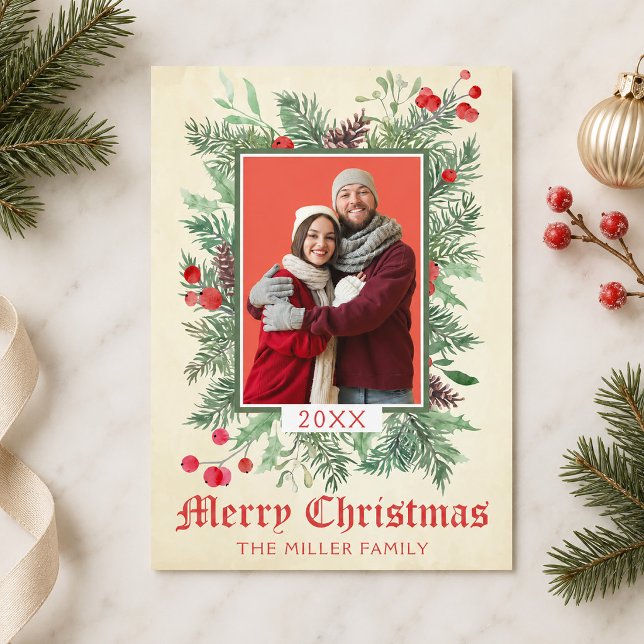Cartão de Natal com Foto de Azevinho e Evergreen V (Vintage Evergreen and Holly Photo Christmas Card)