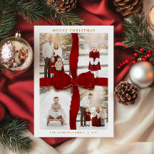 Cartão de Natal com Foto de Laço Vermelho Elegante