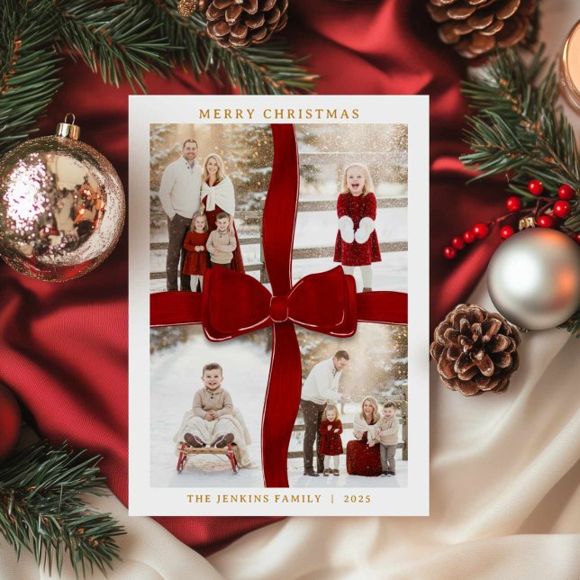 Cartão de Natal com Foto de Laço Vermelho Elegante (Red Bow Christmas Photo Collage Card)