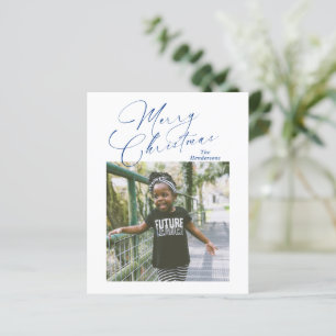 Cartão de Natal com Foto em Letra Azul Elegante e