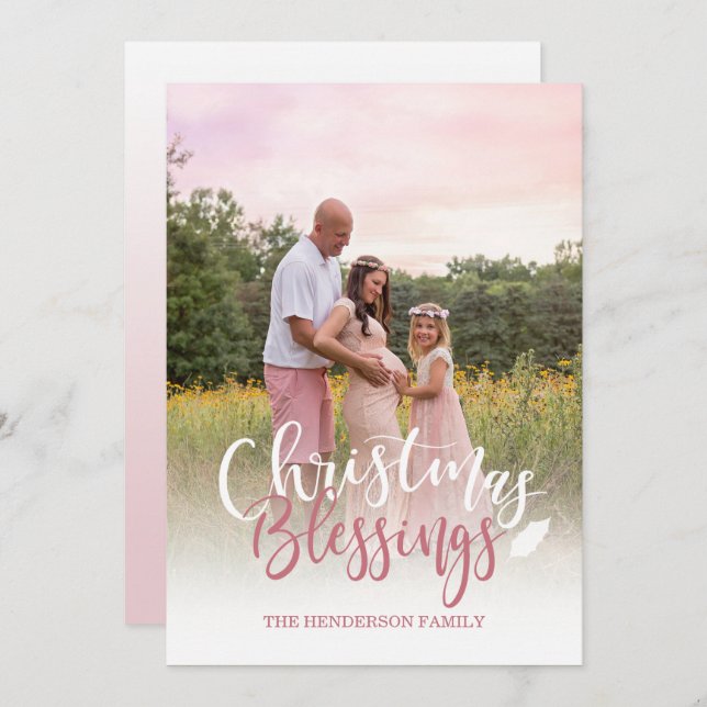 Cartão de Natal com Foto Rosa Mauve e Branco (Frente/Verso)