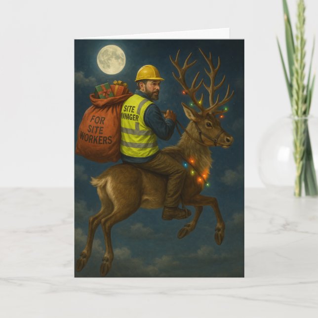 Cartão de Natal com Gerente de Obras e Rena (Frente)