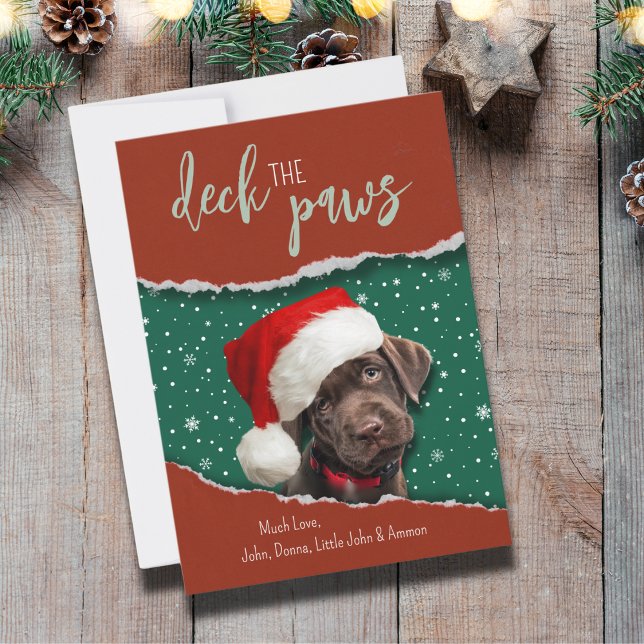 Cartão de Natal com Labrador Retriever Chocolate c (Deck the Paws card. A dog peeking out of a torn paper, looks so cute and festive! Happy Holidays!)