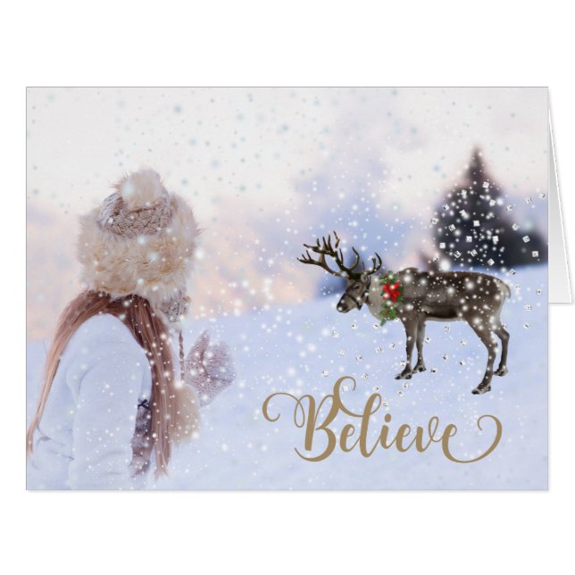 Cartão de Natal com Neve e Reindeer (Frente horizontal)