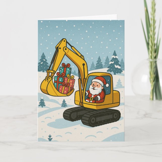 Cartão de Natal com Papai Noel em escavadeira carr (Frente)