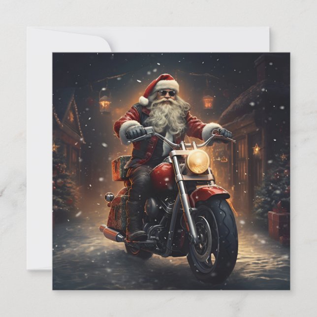cartão de Natal com Papai Noel pilotando uma motoc (Frente)