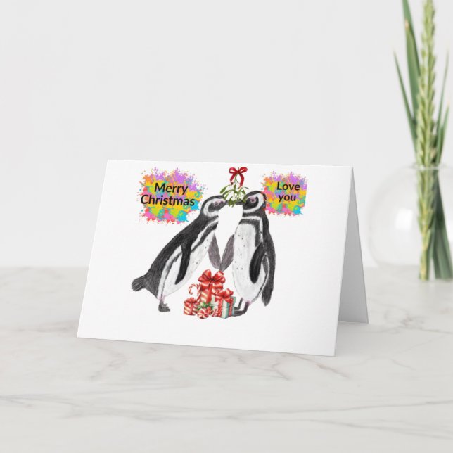 Cartão de Natal Com Pinguins Apaixonados (Frente)