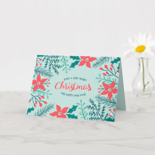 Cartão de Natal com Poinsettia, Azevinho e Frutas