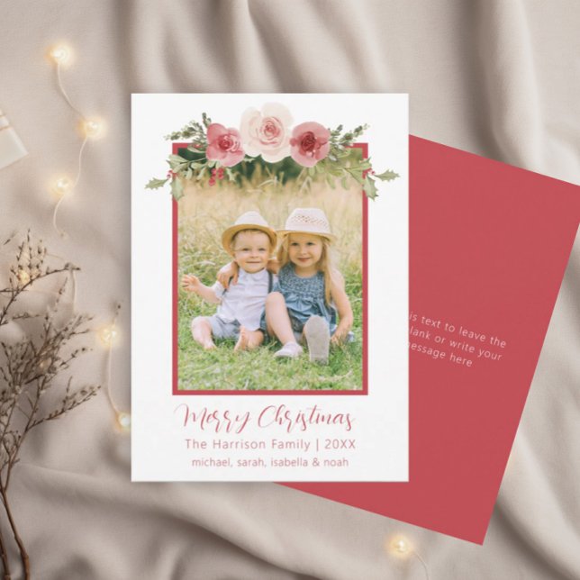 Cartão de Natal com Rosas Pastéis e Foto da Famíli (Criador carregado)