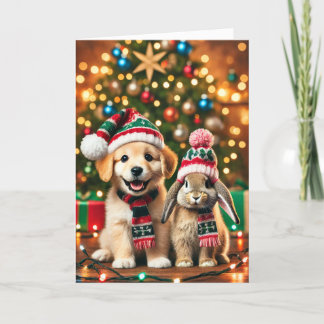 Cartão de Natal com um cão e um coelho