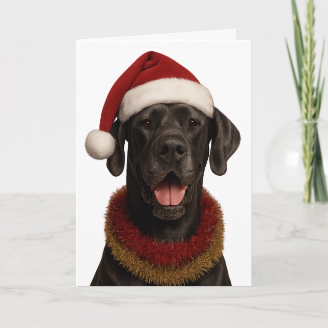 Cartão de Natal com um Great Dane usando um chapéu (Frente)
