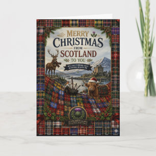Cartão de Natal com Veado e Tartan Escocês