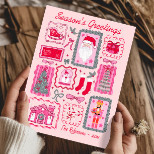 Cartão de Natal cor-de-rosa coquette desenhado à m