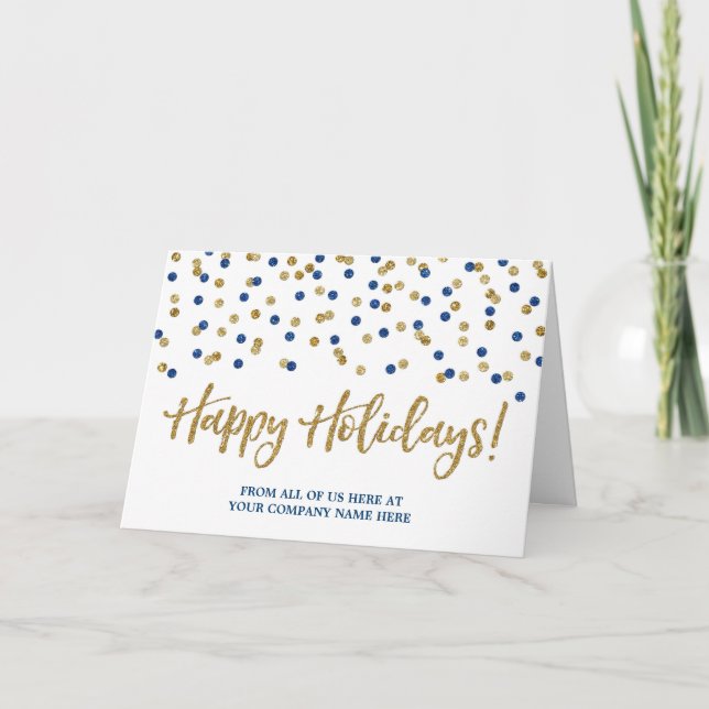 Cartão de Natal Corporativo Azul Dourado Confetti (Frente)